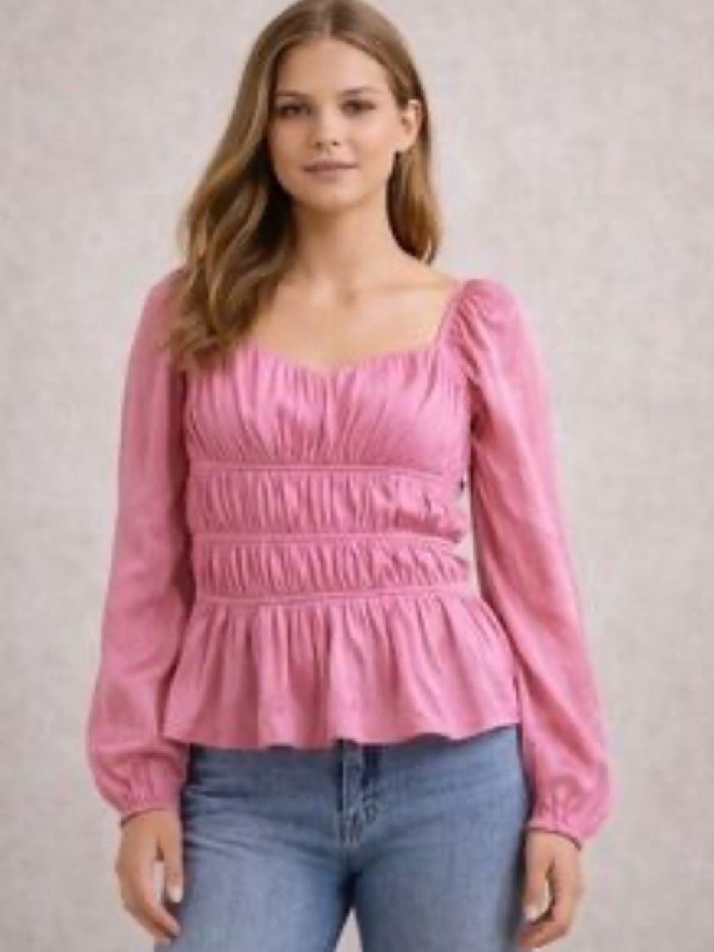 H&M Pink Smocked Peplum Long-Sleeve Blouse